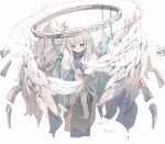  1girl absurdres angel angel_wings artist_request blue_eyes halo highres large_wings original white_hair wings wire 