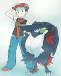  1boy aqua_pants arm_up black_hair bracelet closed_mouth commentary_request donnpati gen_4_pokemon grey_eyes hand_on_headwear hand_on_hip hat highres honchkrow jewelry lucas_(pokemon) male_focus pokemon pokemon_(creature) pokemon_(game) pokemon_dppt red_footwear red_headwear red_scarf scarf shoes short_sleeves smile 