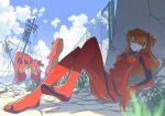  1girl blue_sky blurry_foreground bodysuit breasts clouds cloudy_sky crossed_legs eva_02 fence full_body grass hair_over_one_eye knees_up multicolored multicolored_bodysuit multicolored_clothes neon_genesis_evangelion orange_hair outdoors peroringa plugsuit red_bodysuit shadow sitting sky small_breasts solo souryuu_asuka_langley utility_pole 