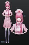  1girl alternate_costume artist_name breasts cropped_torso english_commentary full_body hands_together hat highres hololive hololive_english illustrator_x2077 large_breasts looking_at_viewer mori_calliope multiple_views nurse nurse_cap pink_eyes pink_hair smile tied_hair virtual_youtuber 