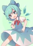  1girl :d ameshi_(rzuw4482) bangs bare_legs blue_bow blue_dress blue_eyes blue_hair blush bow cirno commentary_request dress feet_out_of_frame flat_chest green_background hair_bow hand_on_hip highres ice ice_wings looking_at_viewer open_mouth puffy_short_sleeves puffy_sleeves red_neckwear shirt short_hair short_sleeves smile solo swept_bangs touhou two-tone_background v-shaped_eyebrows white_shirt wings 