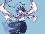  1girl black_headwear black_skirt bow capelet frills hair_bow hat hat_bow hat_ribbon holding holding_clothes holding_hat layered_skirt light_blue_background long_skirt nagae_iku nama_udon purple_hair red_eyes ribbon shawl shirt short_hair simple_background skirt solo tilted_headwear touhou white_shirt wind 