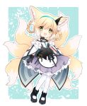  1919_decoy 1girl :d animal_ears arknights black_gloves blonde_hair blue_background blush cape chibi commentary fox_ears fox_tail full_body gloves green_eyes hair_rings hairband highres id_card looking_at_viewer multiple_tails open_mouth pantyhose short_hair smile solo standing suzuran_(arknights) tail torn_clothes torn_legwear two-tone_background white_background white_legwear 