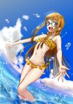  1girl :d ahoge bangs bikini black-framed_eyewear blonde_hair cinderella_bust collarbone day floating_hair frilled_bikini frills glasses groin highres igusaharu long_hair looking_at_viewer lowleg lowleg_bikini navel ocean open_mouth outdoors outstretched_hand persona persona_5 print_bikini sakura_futaba shiny shiny_hair smile solo standing summer swimsuit very_long_hair violet_eyes wading yellow_bikini 