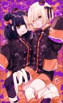  2girls :o absurdres bandages bird_hoodie_girl_(tsubaki_tsubara) black_bow black_dress black_hair black_legwear blonde_hair bow brown_eyes cat_hoodie_girl_(tsubaki_tsubara) chinese_clothes cross cross_print double_bun dress fang frilled_sleeves frills ghost glasses hair_between_eyes halloween hat highres jack-o&#039;-lantern jiangshi kneehighs medium_hair mismatched_legwear multiple_girls ofuda orange_background orange_bow original patterned_clothing pumpkin_print purple_background qing_guanmao ribbon-trimmed_legwear ribbon_trim round_eyewear see-through short_hair signature simple_background skin_fang sleeves_past_wrists smile striped striped_legwear tsubaki_tsubaru white_legwear yellow_eyes 