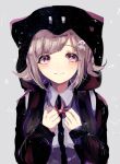  1girl backpack bag bangs black_jacket blush brown_hair clenched_hands collared_shirt commentary_request dangan_ronpa eyebrows_visible_through_hair flipped_hair grey_background grey_shirt hair_ornament hands_up hood jacket looking_at_viewer momongapoketto nanami_chiaki neck_ribbon pentagram pink_eyes pink_hair pink_ribbon ribbon shirt short_hair sketch smile solo space_print star_(symbol) star_in_eye starry_sky_print super_dangan_ronpa_2 symbol_in_eye upper_body 