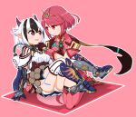  2girls crossette_(xenoblade) cuddling horns multicolored multicolored_hair multiple_girls paskmel pointy_ears pyra_(xenoblade) red_eyes redhead short_hair thigh-highs xenoblade_chronicles_(series) xenoblade_chronicles_2 