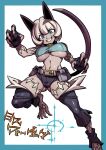  1girl animal_ears bare_shoulders barefoot belt blue_eyes bob_cut breasts cat_ears cat_tail dark_skin fingerless_gloves gloves highres large_breasts looking_at_viewer midriff ms._fortune_(skullgirls) scar short_hair skullgirls smile solo tail tukiwani under_boob white_hair 