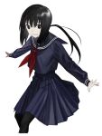  1girl bangs black_eyes black_hair black_legwear blue_sailor_collar blue_skirt highres long_hair long_sleeves neckerchief open_mouth original pale_skin ponytail red_neckwear sailor_collar school_uniform serafuku simple_background skirt solo white_background xxxsoiu1 