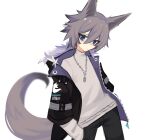  1boy animal_ears black_jacket fur_trim ghost_(tama) grey_eyes hands_in_pocket highres jacket leaning_back looking_down original redhead solo tail white_background wolf_boy wolf_ears wolf_tail 