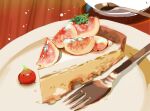 artist_name bird cake cake_slice chai food fork fruit highres no_humans original plate spoon table 