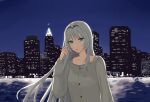  1girl an-94_(girls_frontline) aqua_eyes city_lights closed_mouth eyebrows_visible_through_hair girls_frontline grey_shirt hairband hand_in_hair hanser highres long_hair looking_at_viewer platinum_blonde_hair shirt silver_hair simple_background solo 