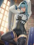  1girl arms_up blue_gloves blue_hair bodysuit book bookshelf breasts closed_eyes curtains eula_(genshin_impact) genshin_impact gloves hairband highres lips long_sleeves medium_breasts sciamano240 solo thigh-highs under_boob window 