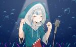  1girl blue_hair bubble clenched_hands closed_eyes english_commentary ex-walmart_wagie gawr_gura grey_hair highres hololive hololive_english microphone microphone_stand multicolored_hair smile solo underwater 