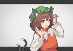  1girl :d animal_ear_fluff animal_ears blush bow bowtie brown_eyes brown_hair cat_ears cat_tail chen claw_pose dress eyebrows_visible_through_hair fang flat_chest green_headwear hat jewelry letterboxed long_sleeves mob_cap multiple_tails nekomata open_mouth outside_border red_dress short_hair shuiwuyue_lian single_earring skin_fang smile solo tail touhou two_tails upper_body white_background white_bow white_neckwear 