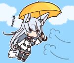  1girl animal_ear_fluff animal_ears blue_eyes blue_hair flat_chest flying fox_ears fox_tail hair_flaps hibiki_(kantai_collection) kantai_collection loli long_hair sky solo tail thighs umbrella yoru_nai 