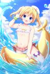  1girl :d arm_up banana_boat bangs bare_arms bare_shoulders bikini blonde_hair blue_eyes blue_sky blush clouds commentary_request day eyebrows_visible_through_hair hair_between_eyes highres inflatable_toy mismatched_bikini navel on_banana open_mouth original outdoors shiwasu_horio sky smile solo striped striped_bikini swimsuit tilted_headwear twintails water white_bikini white_headwear 