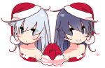  2girls akatsuki_(kantai_collection) black_eyes black_hair blue_eyes dress flat_chest gloves hair_flaps hat heart hibiki_(kantai_collection) kantai_collection long_hair multiple_girls santa_costume santa_dress santa_gloves santa_hat silver_hair string_tie yoru_nai 