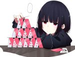  ... 1girl black_hair bob_cut card commentary hood hoodie house_of_cards ichiki_1 original pink_eyes playing_card short_hair solo spoken_ellipsis white_background 