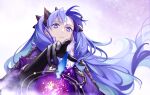  1girl black_gloves blue_hair bodysuit cape commentary_request expressionless facial_mark fate/grand_order fate_(series) forehead forehead_mark gloves hair_ornament highres ishtar_(fate)_(all) long_hair multicolored_hair orb purple_cape purple_hair siya_ho solo space_ishtar_(fate) starry_background symbol-shaped_pupils two-tone_hair two_side_up violet_eyes 