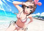  1girl arm_up beach bikini black_choker blush breasts brown_hair choker clouds collarbone commentary_request day gibun_(sozoshu) hairband hand_on_hip heart heart_choker highres kizuna_ai kizuna_ai_inc. large_breasts leaning_forward looking_at_viewer medium_breasts multicolored_hair navel ocean open_mouth outdoors pink_hairband plaid plaid_bikini shading_eyes short_hair side-tie_bikini sky smile solo stomach streaked_hair swimsuit upper_teeth virtual_youtuber 