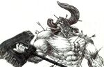 1boy abs armor arrow_(projectile) axe ballpoint_pen_(medium) bleeding blood broken_arrow broken_horn collarbone extra_eyes greyscale hatching_(texture) helmet holding holding_axe holding_weapon horns injury male_focus monochrome monster muscle original shirtless simple_background sister_plz solo traditional_media upper_body weapon white_background 