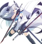  1girl animal_ears azur_lane black_gloves black_legwear black_skirt blue_eyes commentary_request dual_wielding fox_ears fox_tail gloves highres holding katana kawakaze_(azur_lane) long_hair long_sleeves neckerchief reverse_grip sheath simple_background skirt solo sword tail thigh-highs weapon white_background white_hair wide_sleeves yukishiro_haku 