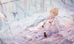  1girl absurdres armor bangs bare_shoulders blonde_hair boots brown_eyes cat detached_sleeves dress flower genshin_impact highres legs_up long_hair looking_to_the_side lumine_(genshin_impact) reflective_water scarf sitting solo swept_bangs thighs water white_dress white_footwear white_scarf yajuu 