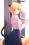  1girl ahoge animal_ears artoria_pendragon_(all) bangs blonde_hair blue_ribbon blue_skirt blush braid breasts cat_ears cat_tail closed_mouth collared_shirt commentary_request curtains eyebrows_visible_through_hair fate/stay_night fate_(series) from_side green_eyes hair_ribbon highres jack-o&#039;-lantern koa_(koa_124) large_breasts long_skirt long_sleeves looking_at_viewer pleated_skirt pumpkin ribbon saber shirt shirt_tucked_in skirt solo tail white_shirt window 