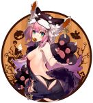  1girl animal_costume animal_ears azur_lane bangs black_panties black_sweater commentary cowboy_shot earrings eyebrows_visible_through_hair fang from_behind gloves green_eyes hair_ornament halloween halloween_costume hanazuki_(azur_lane) hip_vent jewelry long_hair looking_at_viewer looking_back meme_attire mouth_hold no_bra panties paw_gloves paws pink_hair pumpkin shirokitsune sidelocks solo sweater tail underwear virgin_killer_sweater wolf_costume wolf_ears wolf_paws wolf_tail 