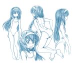  1girl alternate_hairstyle ass backless_swimsuit bangs barefoot bbb_(friskuser) blue_theme blush braid closed_mouth commentary cropped_legs eyebrows_visible_through_hair from_side frown girls_und_panzer grimace hairband half-closed_eyes kneeling leaning_forward long_hair looking_at_viewer monochrome multiple_views one-piece_swimsuit open_mouth parted_lips reizei_mako single_braid standing sweatdrop swimsuit 