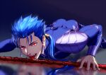  1boy all_fours armor ass beads blue_hair bodysuit cu_chulainn_(fate)_(all) earrings eilinna fangs fate/stay_night fate_(series) gae_bolg hair_beads hair_ornament jewelry lancer licking licking_weapon long_hair male_focus open_mouth pauldrons polearm ponytail red_eyes reflection saliva shoulder_armor skin_tight slit_pupils solo sparkle spiky_hair tongue tongue_out type-moon weapon 