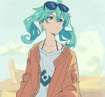 1girl ahoge bangs blue_eyes blue_hair blush closed_mouth clouds day desert earrings eyewear_on_head hair_between_eyes hatsune_miku jacket jewelry long_hair outdoors red_jacket sky solo spaghetti_strap suna_no_wakusei_(vocaloid) sunglasses teshima_nari twintails upper_body vocaloid 