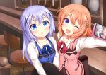  2girls ;d absurdres black_skirt blue_eyes blue_neckwear blue_vest blush bow bowtie brown_hair cellphone chestnut_mouth collarbone eyebrows_visible_through_hair floating_hair gochuumon_wa_usagi_desu_ka? hair_between_eyes hair_ornament highres holding holding_phone hoto_cocoa indoors kafuu_chino kokoa410 long_hair long_sleeves multiple_girls one_eye_closed open_mouth phone pink_vest rabbit_house_uniform red_bow red_neckwear self_shot shiny shiny_hair shirt silver_hair skirt smartphone smile standing vest violet_eyes white_shirt x_hair_ornament 