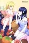  2girls absurdres angelina_kudou_shields black_hair blonde_hair blue_eyes blush breasts cat cup dress hair_down hair_ribbon highres holding holding_cup hot_chocolate large_breasts long_hair mahouka_koukou_no_rettousei multiple_girls ribbon shiba_miyuki sitting smile sugawara_hiroyuki sweater wariza 