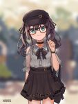  1girl :3 ahoge belt beret bespectacled blurry blurry_background breasts brown_hair casual collar earrings glasses green_eyes hair_between_eyes hat hololive jewelry looking_at_viewer medium_hair natsuiro_matsuri small_breasts solo twintails user_ntzz4442 virtual_youtuber 