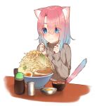  1girl animal_ear_fluff animal_ears bangs blue_eyes blue_hair blush bowl brown_sweater cat_ears cat_girl cat_tail chopsticks closed_mouth egg eyebrows_visible_through_hair eyes_visible_through_hair food go-1 gradient_hair hair_between_eyes hands_up highres holding holding_chopsticks long_sleeves multicolored_hair original pink_hair ribbed_sweater simple_background sleeves_past_wrists smile solo sweater tail upper_body white_background 