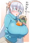  1girl absurdres akitokage01 alternate_costume anastasia_(fate) bangs blue_eyes blue_sweater blush breast_hold breasts brown_skirt commentary_request doll earrings eyebrows_visible_through_hair fate/grand_order fate_(series) food food_in_mouth fruit gradient gradient_background hairband highres huge_breasts jewelry long_hair long_sleeves looking_at_viewer mandarin_orange oppai_mochi ribbed_sweater skirt solo sweater sweater_tucked_in translation_request turtleneck 