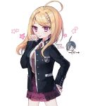  1boy 1girl ahoge akamatsu_kaede arrow_through_heart bangs beamed_eighth_notes black_jacket blonde_hair blush breasts commentary_request cosplay cowboy_shot dalrye_v3 dangan_ronpa eighth_note hair_ornament hand_on_hip hand_up highres jacket long_hair long_sleeves looking_at_viewer musical_note musical_note_hair_ornament necktie new_dangan_ronpa_v3 open_clothes open_jacket paw_pose pleated_skirt repost_notice saihara_shuuichi saihara_shuuichi_(cosplay) school_uniform shirt skirt smile solo_focus star_(symbol) striped_jacket tongue tongue_out twitter_username violet_eyes white_background white_shirt 