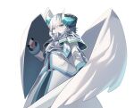  1boy absurdres angel_wings aqua_eyes armor breastplate eyebrows_visible_through_hair gradient gradient_horns highres holding holding_shield horns lazbee looking_at_viewer male_focus multicolored_horns original shield short_eyebrows simple_background slit_pupils solo white_background white_hair wings 