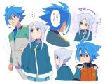  1boy 1girl blue_eyes blue_hair brown_eyes character_request cloak future_card_buddyfight moyori necktie silver_hair translation_request white_background 