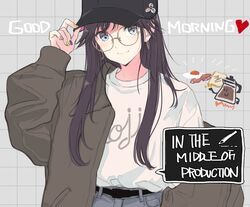  baseball_cap belt black_hair black_headwear blue_eyes brown_jacket earrings glasses grey_background hat hoop_earrings idolmaster idolmaster_shiny_colors jacket jewelry long_hair long_sleeves looking_at_viewer mitsumine_yuika multicolored multicolored_nails off-shoulder_jacket round_eyewear shirt tetsuya_rice twintails white_shirt 