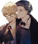  2boys absurdres albino_(a1b1n0623) arm_up bangs black_hair black_sleeves blonde_hair coat collar expressionless fate/grand_order fate/prototype fate/prototype:_fragments_of_blue_and_silver fate_(series) formal gem glasses gloves gradient_hair green_eyes hand_on_another&#039;s_shoulder highres jekyll_and_hyde_(fate) long_sleeves looking_at_viewer male_focus multicolored_hair multiple_boys necktie open_mouth pointy_nose semi-rimless_eyewear sherlock_holmes_(fate/grand_order) shirt short_hair suit whispering white_background white_shirt 