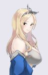 1girl bangs bare_shoulders blonde_hair blush bra breasts brown_eyes from_side grey_bra hairband highres jacket jacket_partially_removed johwa_(1n33dyour1ov3) large_breasts long_hair looking_at_viewer lookism mary_kim original parted_bangs smile taking_off underwear