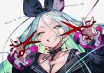  1girl black_bow bow bukurote character_request choker colored_inner_hair copyright_request green_hair hair_bow holding holding_scissors looking_down multicolored_hair scissors silver_hair smile solo yellow_eyes 