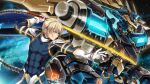  1boy abs blonde_hair blue_eyes fighting_stance garimpeiro glowing glowing_eyes highres holding holding_sword holding_weapon mecha muscle open_hand open_mouth original pilot_suit skin_tight sword weapon yellow_eyes 