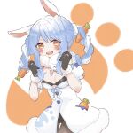  1girl animal_ears bangs blush braid breasts brown_eyes carrot food_themed_hair_ornament hair_ornament highres hololive looking_to_the_side open_mouth rabbit_ears ren_nyaa small_breasts solo symbol_commentary twin_braids usada_pekora virtual_youtuber 