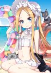  1girl abigail_williams_(fate/grand_order) abigail_williams_(swimsuit_foreigner)_(fate) animal bangs bare_arms bare_legs bare_shoulders barefoot bikini black_cat black_jacket blonde_hair blue_eyes blue_sky blush bonnet bow cat closed_mouth clouds commentary_request day fate/grand_order fate_(series) forehead hair_bow heart highres horizon innertube inumine_aya jacket long_hair looking_at_viewer navel ocean outdoors parted_bangs polka_dot sitting sky smile solo strapless strapless_bikini striped striped_bow swimsuit twintails very_long_hair water white_bikini white_bow white_headwear yokozuwari 