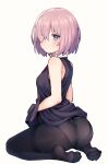  1girl absurdres ass bare_shoulders black_dress black_legwear blush breasts crotch_seam dress fate/grand_order fate_(series) feet from_behind hair_over_one_eye highres jp06 looking_at_viewer looking_back mash_kyrielight medium_breasts no_shoes panties panties_under_pantyhose pantyhose seiza short_hair simple_background sitting soles solo underwear violet_eyes white_background 