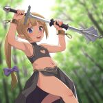  1girl armpits blue_eyes bow bracelet breasts concealed_sword forest hair_bow jewelry mace meow_(nekodenki) nature original small_breasts sword weapon 